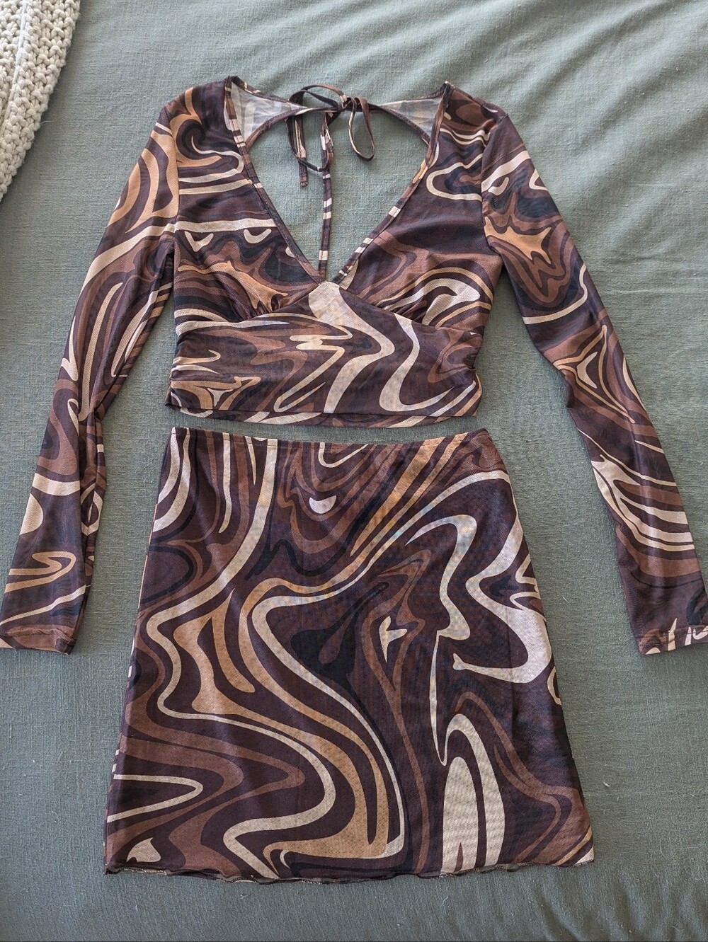 Brown Swirl Two-Piece Dress — Women's V-Neck Long Sleeve Set